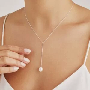 SILVER LARGE OHRID PEARL LARIAT NECKLACE