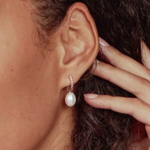 SILVER ZIRCONS STYLE LARGE OHRID PEARL DROP HOOP EARRINGS
