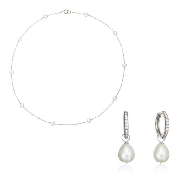 Silver Diamond Style Large Pearl Hoops and Ten Ohrid Pearl Choker Gift Set