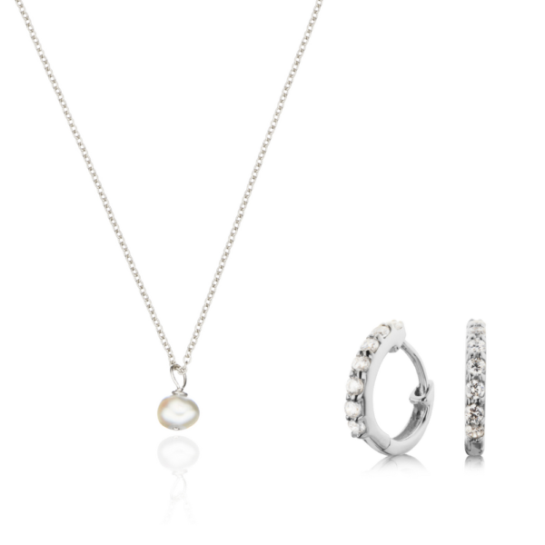 Silver Diamond Style Huggies and Single Ohrid Pearl Necklace Gift Set