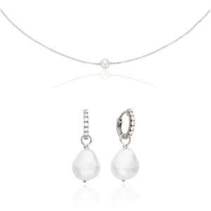 Silver Ohrid Pearl Drop Huggies and Single Ohrid Pearl Choker Gift Set