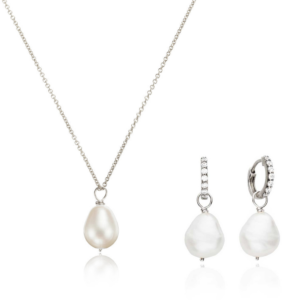 Silver Ohrid Pearl Drop Huggies and Large Ohrid Pearl Necklace Gift Set