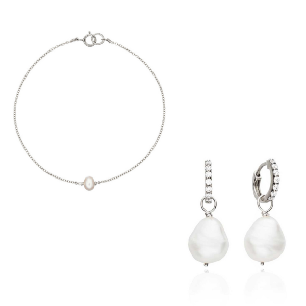 Silver Ohrid Pearl Drop Huggies and Single Ohrid Pearl Bracelet Gift Set