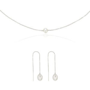 Silver Large Ohrid Pearl Drop Ear Threaders and Single Ohrid Pearl Choker Gift Set