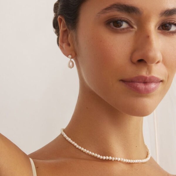 Silver Double Ohrid Pearl Drop Stud Earrings - Image 2