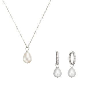 Silver Diamond Style Large Ohrid Pearl Hoops and Large Ohrid Pearl Necklace Gift Set